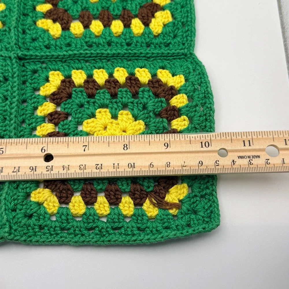 Handmade Vintage Granny Square Washcloth Crochet Heavy Duty Green Yellow 10.5in